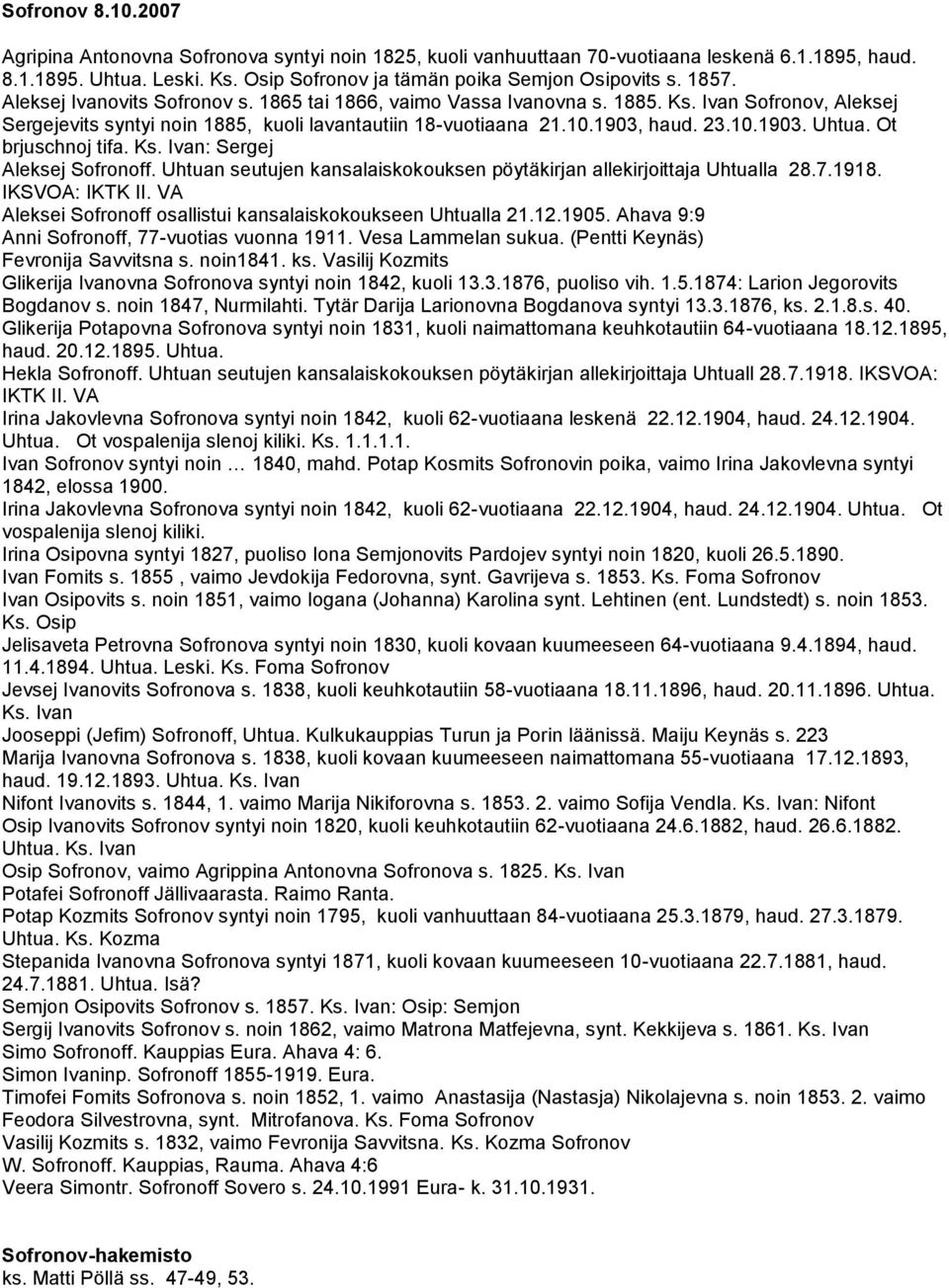 Ot brjuschnoj tifa. Ks. Ivan: Sergej Aleksej Sofronoff. Uhtuan seutujen kansalaiskokouksen pöytäkirjan allekirjoittaja Uhtualla 28.7.1918. IKSVOA: IKTK II.