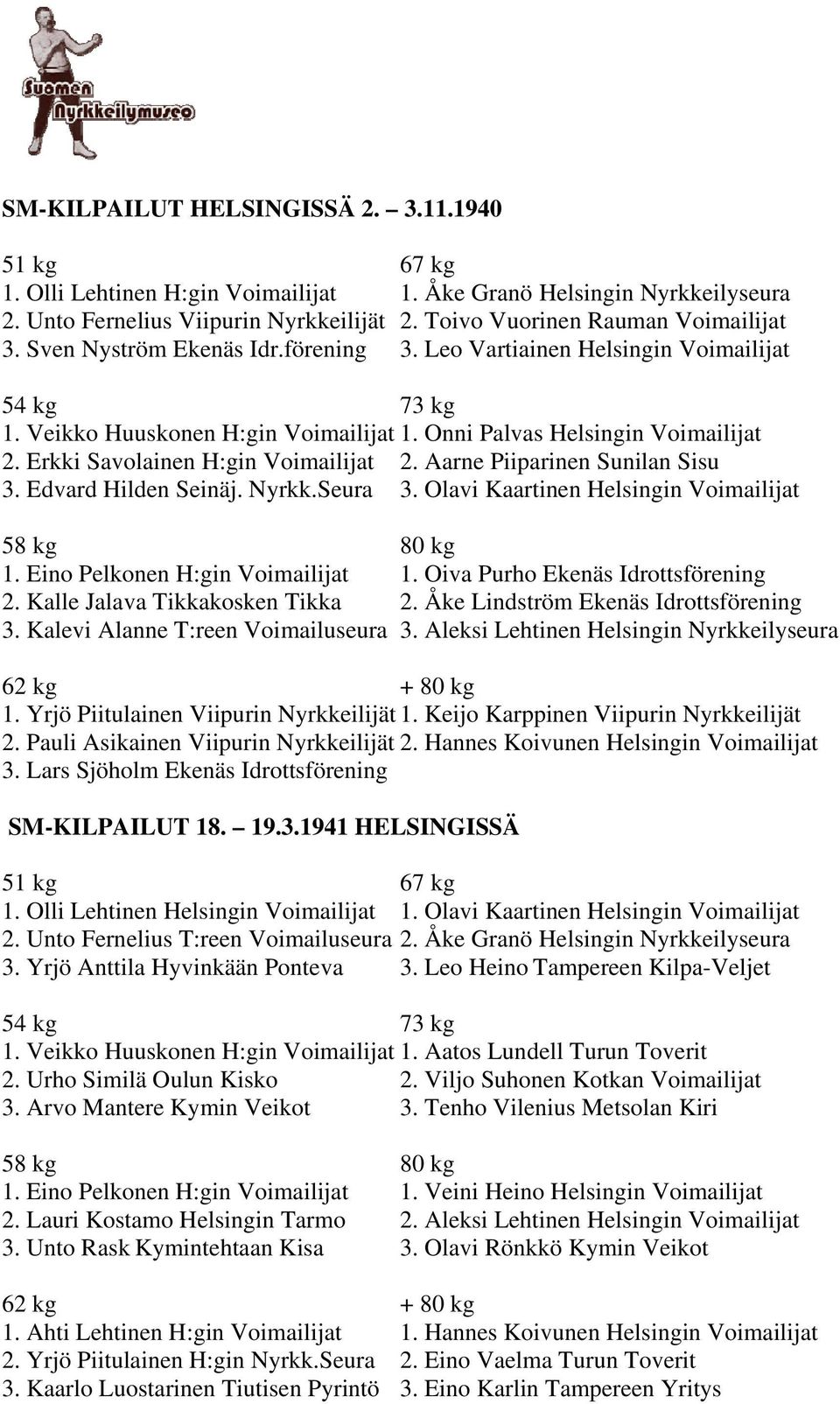 Aarne Piiparinen Sunilan Sisu 3. Edvard Hilden Seinäj. Nyrkk.Seura 3. Olavi Kaartinen Helsingin Voimailijat 1. Eino Pelkonen H:gin Voimailijat 1. Oiva Purho Ekenäs Idrottsförening 2.