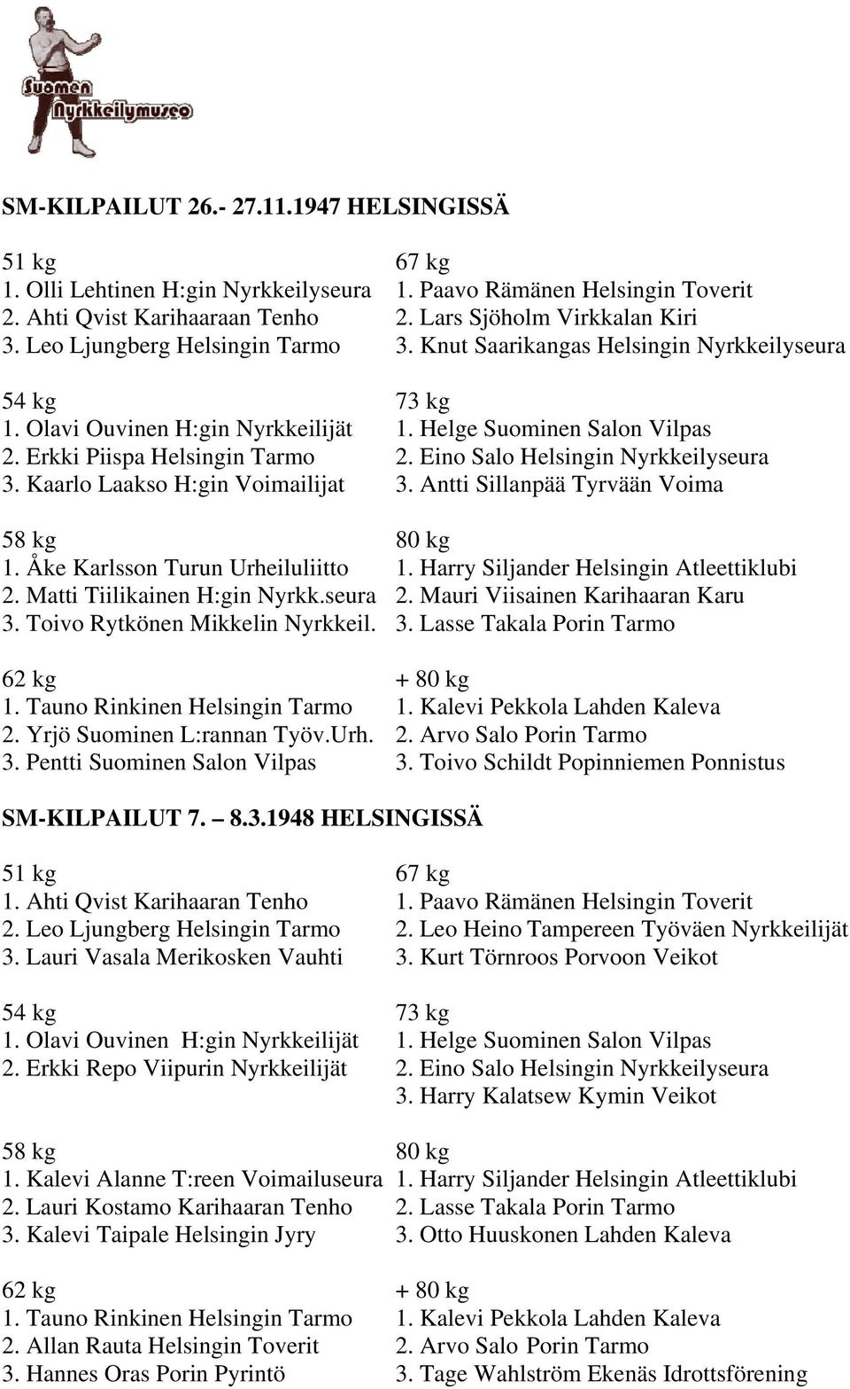 Eino Salo Helsingin Nyrkkeilyseura 3. Kaarlo Laakso H:gin Voimailijat 3. Antti Sillanpää Tyrvään Voima 1. Åke Karlsson Turun Urheiluliitto 1. Harry Siljander Helsingin Atleettiklubi 2.