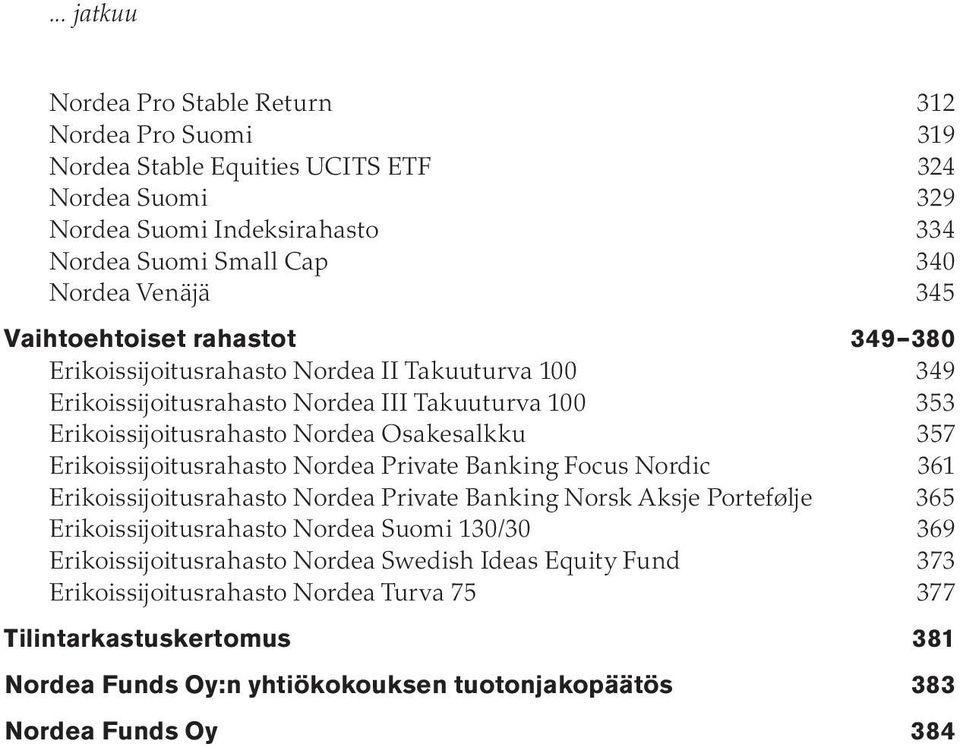 Erikoissijoitusrahasto Nordea Private Banking Focus Nordic 361 Erikoissijoitusrahasto Nordea Private Banking Norsk Aksje Portefølje 365 Erikoissijoitusrahasto Nordea Suomi 130/30 369