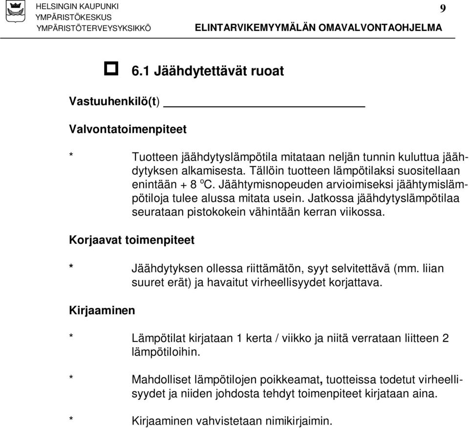 Jatkossa jäähdytyslämpötilaa seurataan pistokokein vähintään kerran viikossa. Korjaavat toimenpiteet * Jäähdytyksen ollessa riittämätön, syyt selvitettävä (mm.