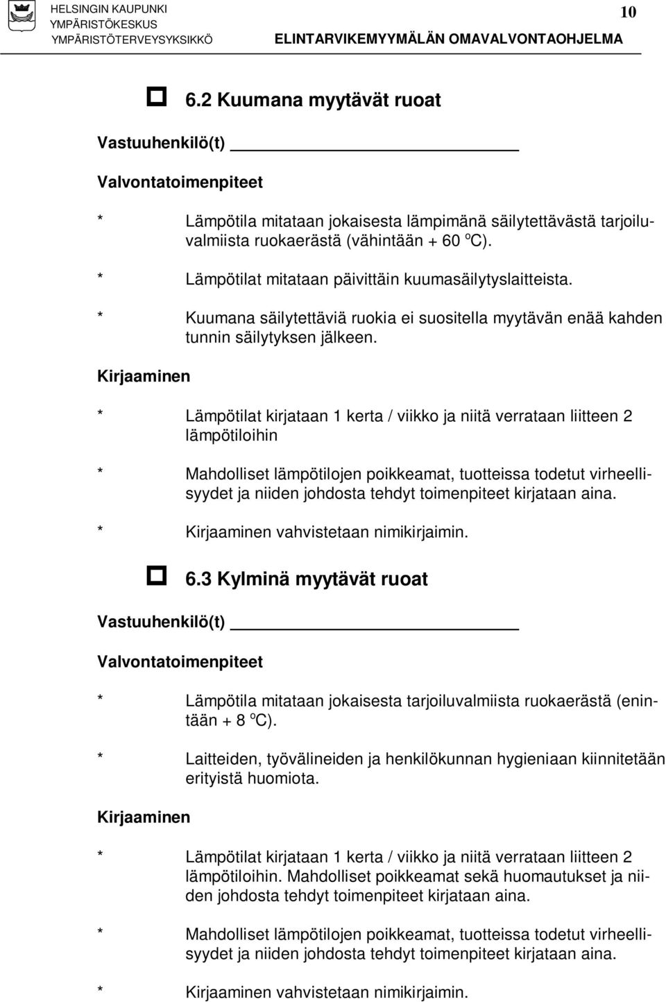 Kirjaaminen * Lämpötilat kirjataan 1 kerta / viikko ja niitä verrataan liitteen 2 lämpötiloihin * Mahdolliset lämpötilojen poikkeamat, tuotteissa todetut virheellisyydet ja niiden johdosta tehdyt