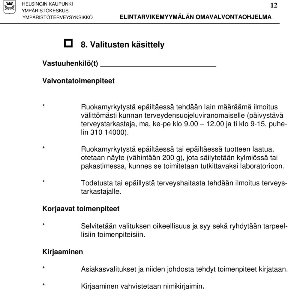* Ruokamyrkytystä epäiltäessä tai epäiltäessä tuotteen laatua, otetaan näyte (vähintään 200 g), jota säilytetään kylmiössä tai pakastimessa, kunnes se toimitetaan tutkittavaksi laboratorioon.