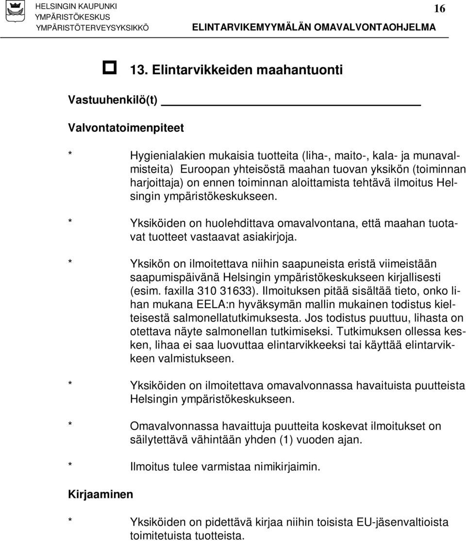 harjoittaja) on ennen toiminnan aloittamista tehtävä ilmoitus Helsingin ympäristökeskukseen. * Yksiköiden on huolehdittava omavalvontana, että maahan tuotavat tuotteet vastaavat asiakirjoja.