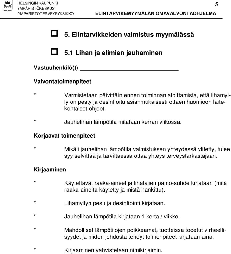 laitekohtaiset ohjeet. * Jauhelihan lämpötila mitataan kerran viikossa.