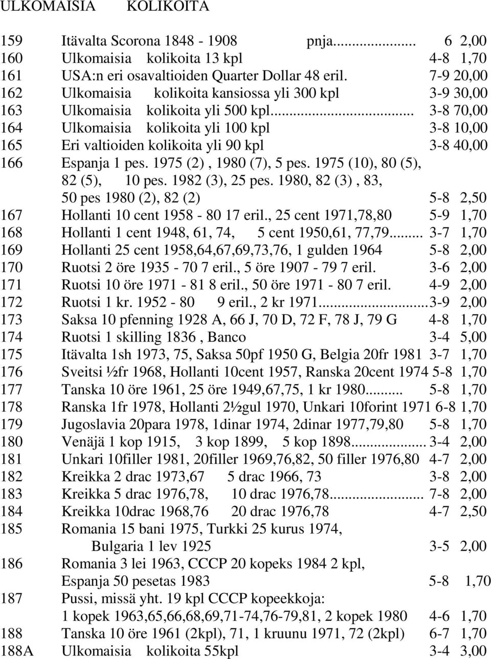 .. 3-8 70,00 164 Ulkomaisia kolikoita yli 100 kpl 3-8 10,00 165 Eri valtioiden kolikoita yli 90 kpl 3-8 40,00 166 Espanja 1 pes. 1975 (2), 1980 (7), 5 pes. 1975 (10), 80 (5), 82 (5), 10 pes.