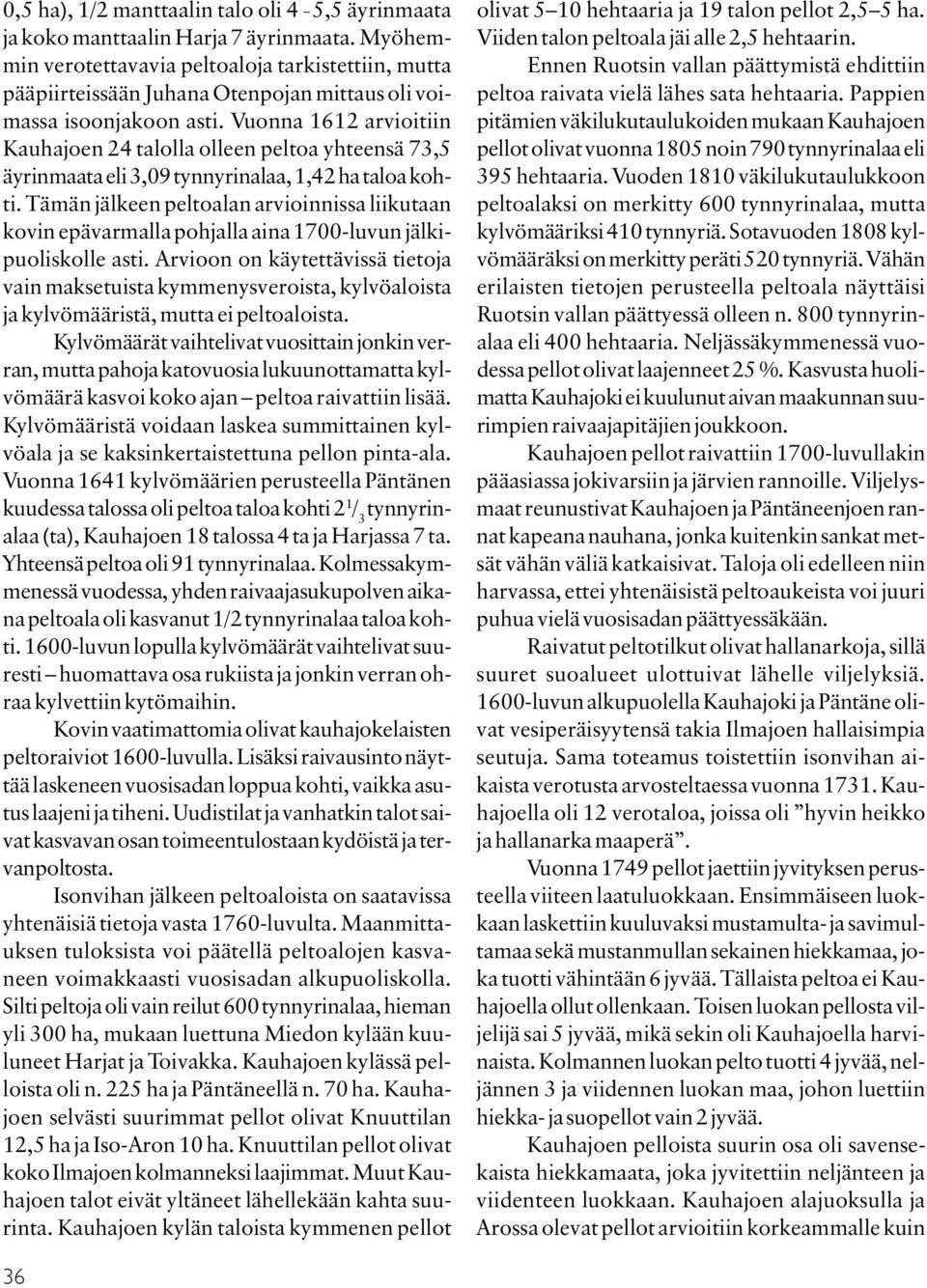 Vuonna 1612 arvioitiin Kauhajoen 24 talolla olleen peltoa yhteensä 73,5 äyrinmaata eli 3,09 tynnyrinalaa, 1,42 ha taloa kohti.