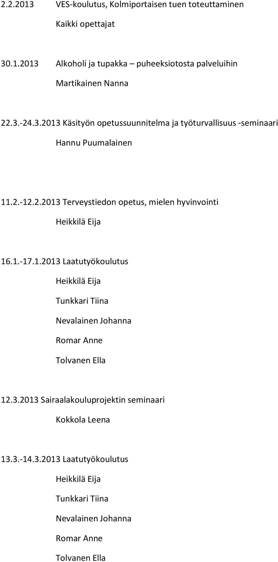 1.-17.1.2013 Laatutyökoulutus Heikkilä Eija Nevalainen Johanna 12.3.2013 Sairaalakouluprojektin seminaari Kokkola Leena 13.3.-14.