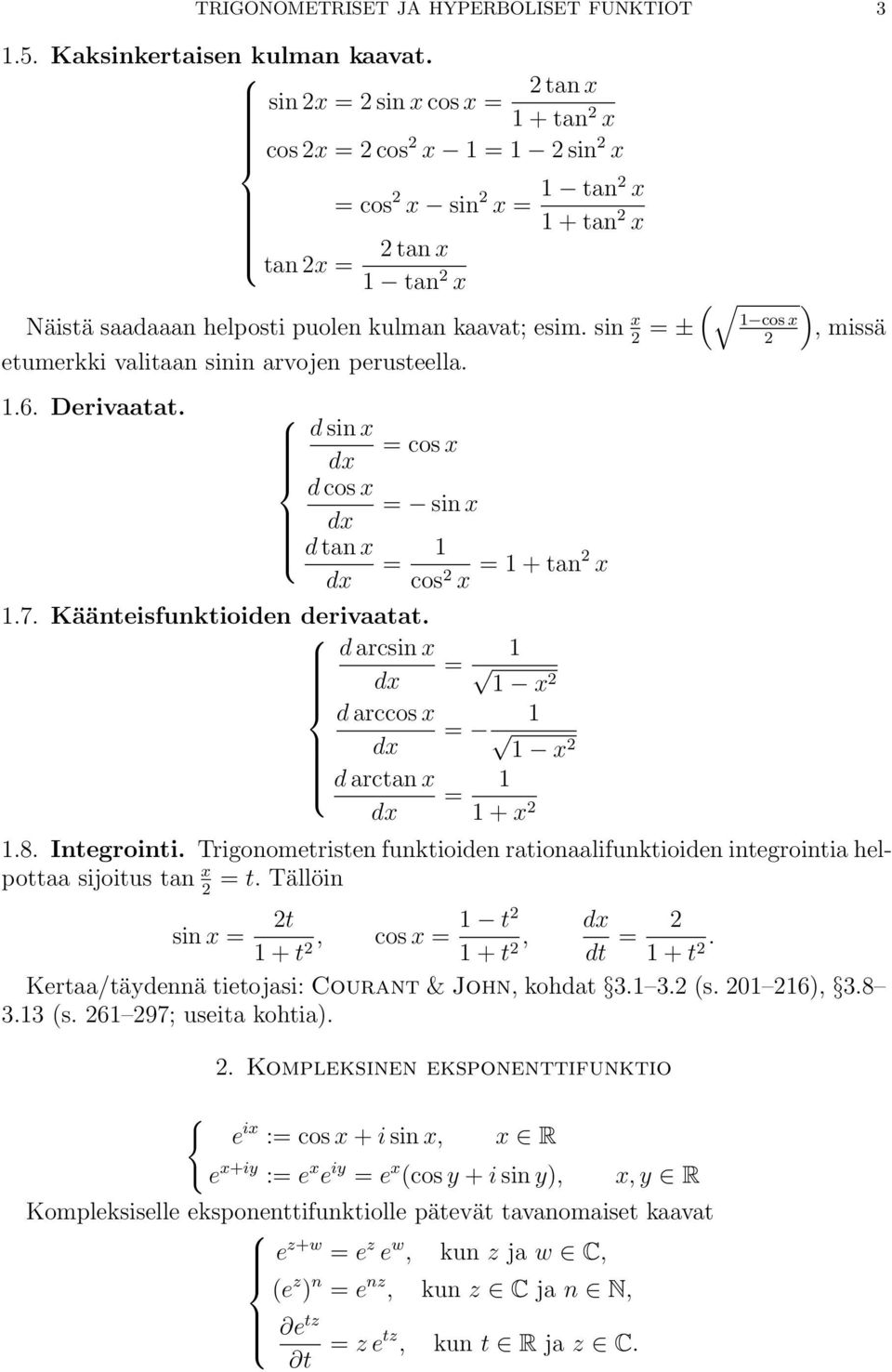 sin x = ± cos x etumerkki valitaan sinin arvojen perusteella..6. Derivaatat. d sin x = cos x d cos x = sin x d tan x = cos x = + tan x.7. Käänteisfunktioiden derivaatat.