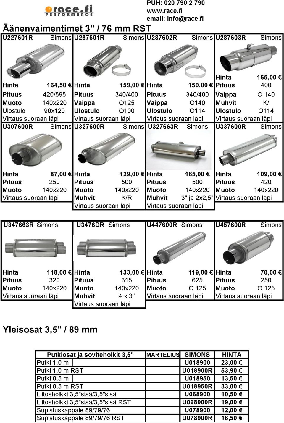 87,00 Hinta 129,00 Hinta 185,00 Hinta 109,00 Pituus 250 Pituus 500 Pituus 500 Pituus 420 Muoto 140x220 Muoto 140x220 Muoto 140x220 Muoto 140x220 Virtaus suoraan läpi Muhvit K/R Muhvit 3" ja 2x2,5"