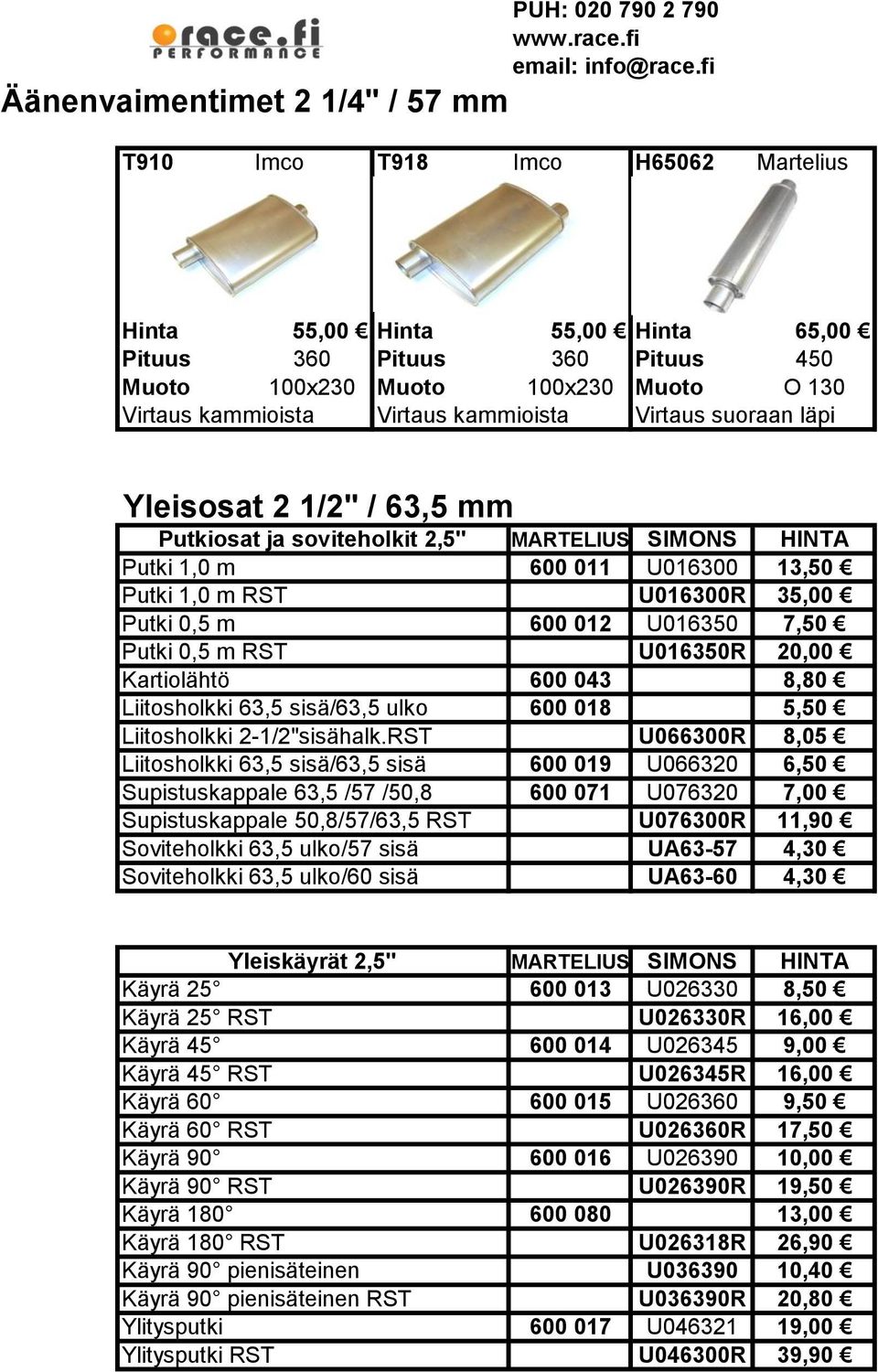 600 012 U016350 7,50 Putki 0,5 m RST U016350R 20,00 Kartiolähtö 600 043 8,80 Liitosholkki 63,5 sisä/63,5 ulko 600 018 5,50 Liitosholkki 2-1/2"sisähalk.