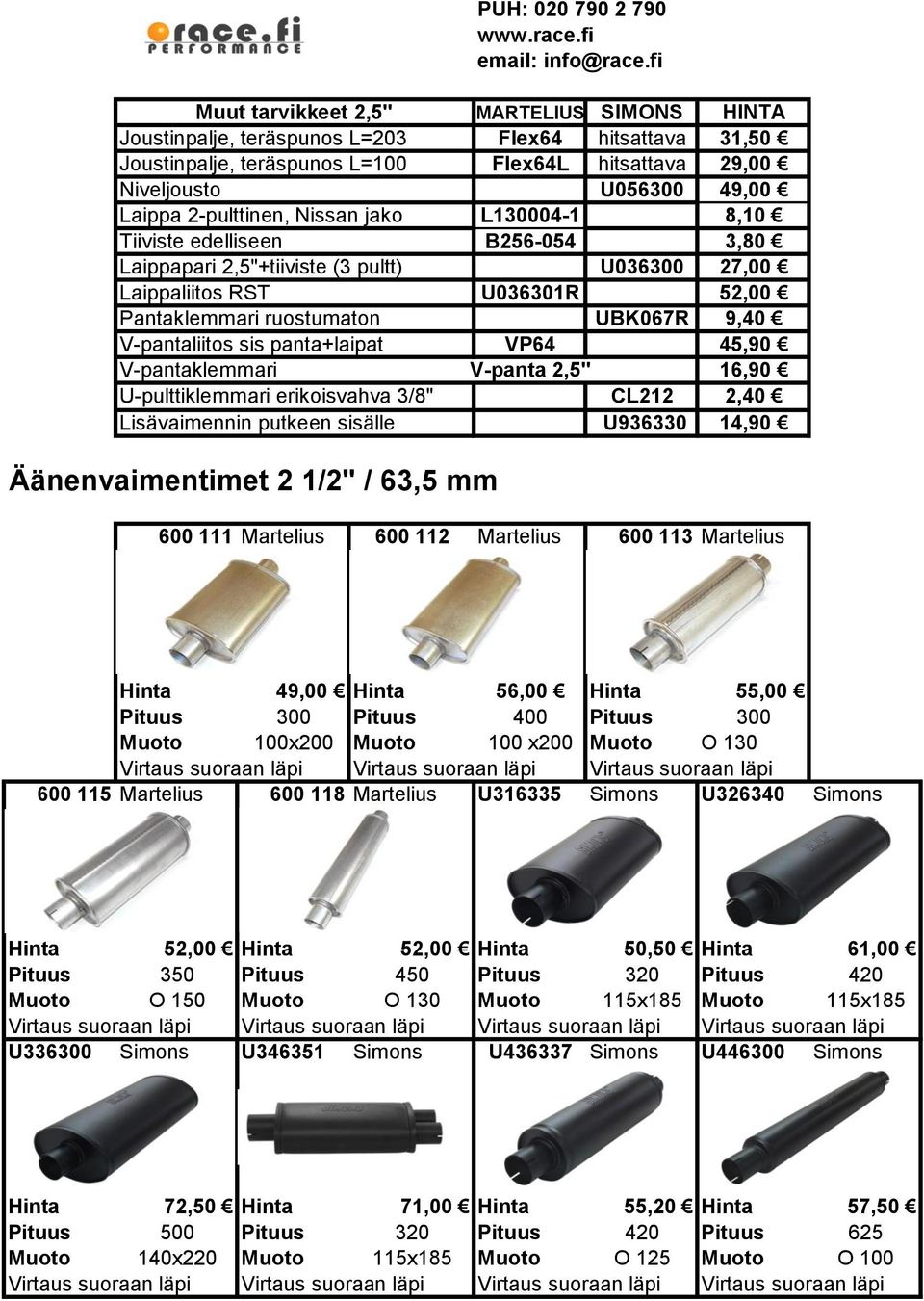 V-pantaliitos sis panta+laipat VP64 45,90 V-pantaklemmari V-panta 2,5" 16,90 U-pulttiklemmari erikoisvahva 3/8" CL212 2,40 Lisävaimennin putkeen sisälle U936330 14,90 Äänenvaimentimet 2 1/2" / 63,5