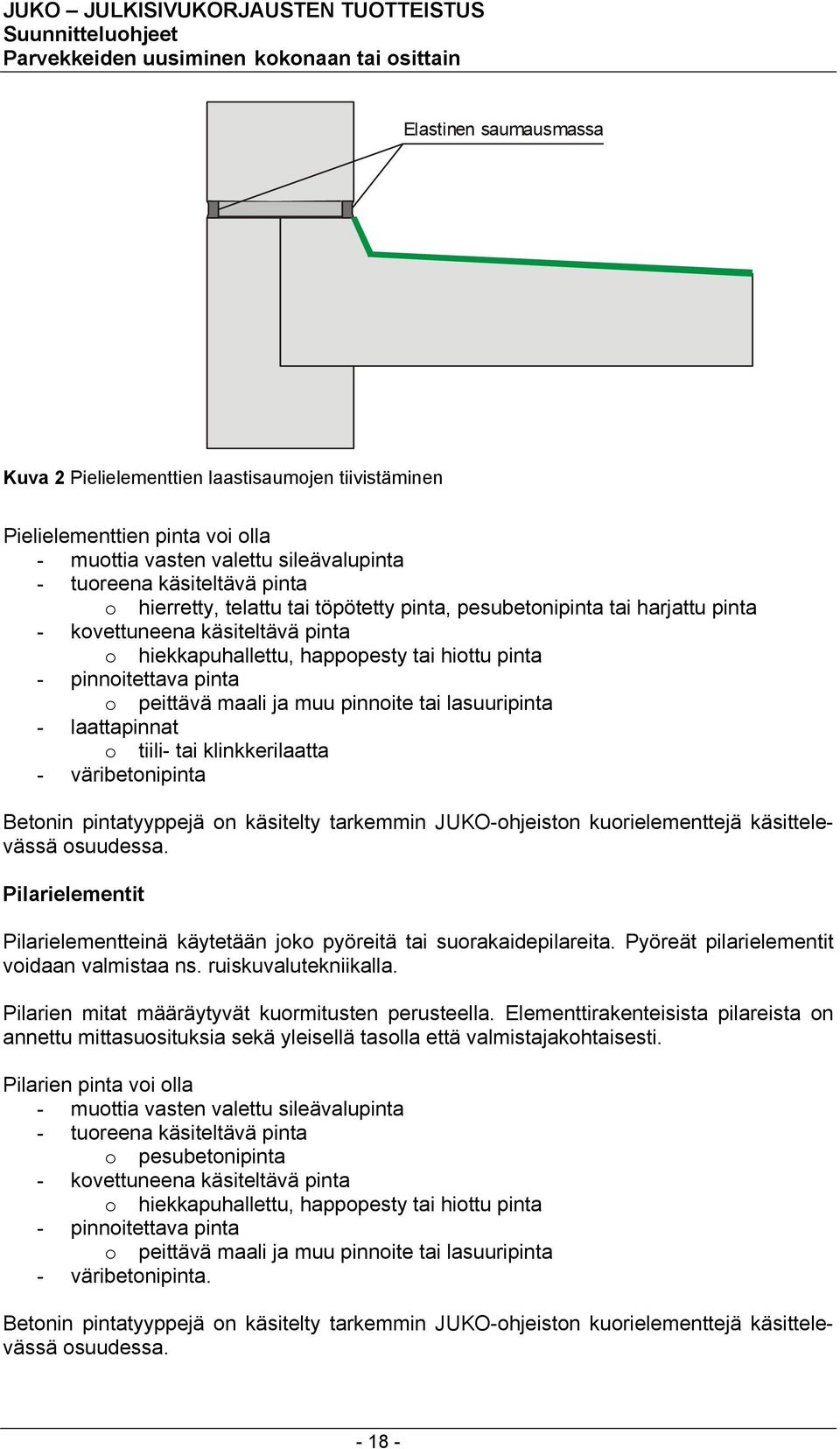 lasuuripinta - laattapinnat o tiili- tai klinkkerilaatta - väribetonipinta Betonin pintatyyppejä on käsitelty tarkemmin JUKO-ohjeiston kuorielementtejä käsittelevässä osuudessa.