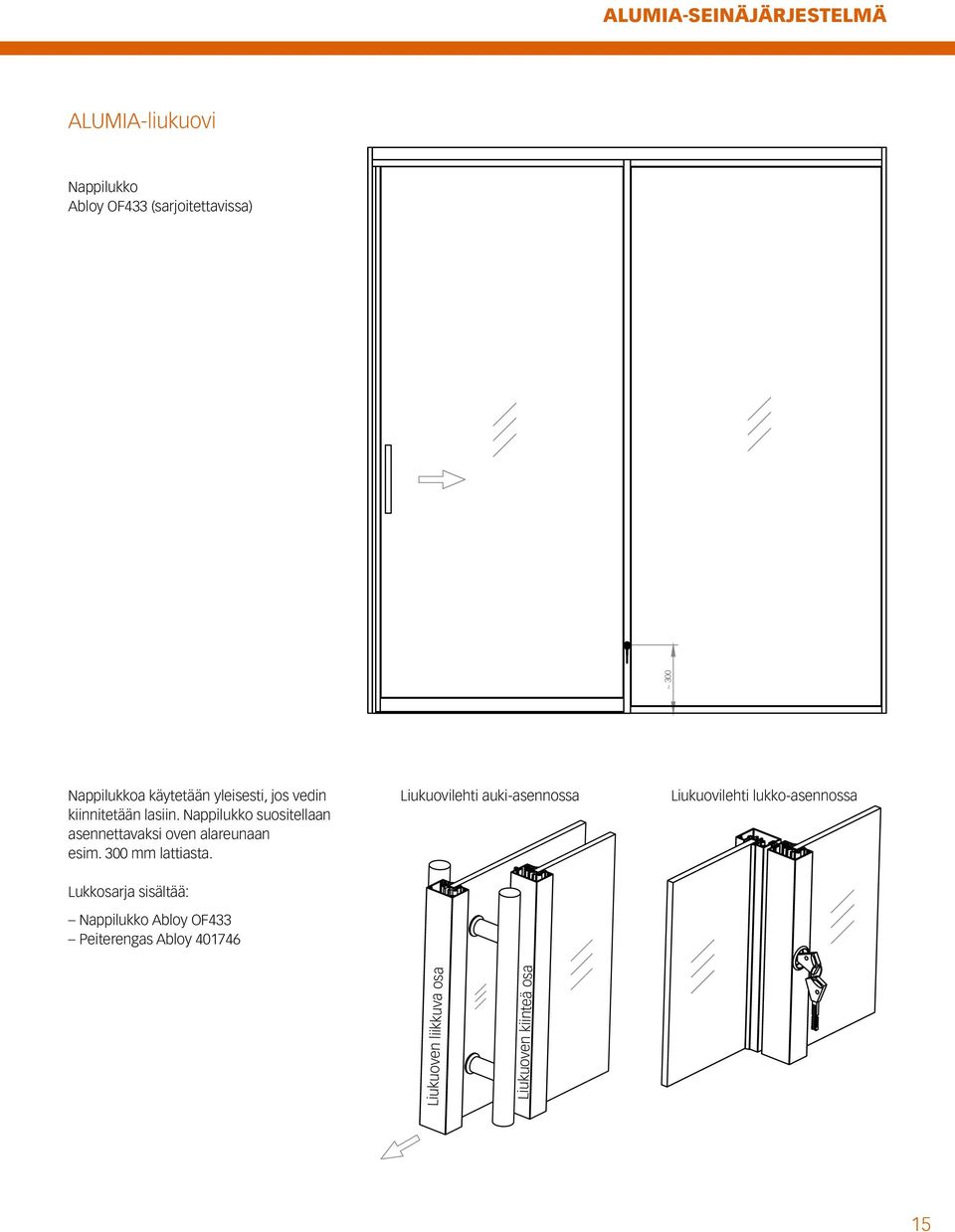 Nappilukko suositellaan asennettavaksi oven alareunaan esim. 300 mm lattiasta.