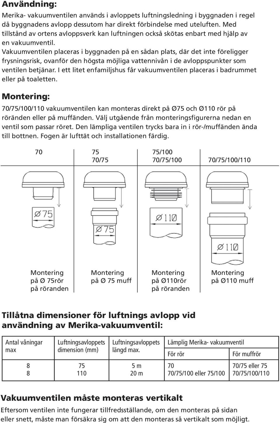 Vakuumventilen placeras i byggnaden på en sådan plats, där det inte föreligger frysningsrisk, ovanför den högsta möjliga vattennivån i de avloppspunkter som ventilen betjänar.