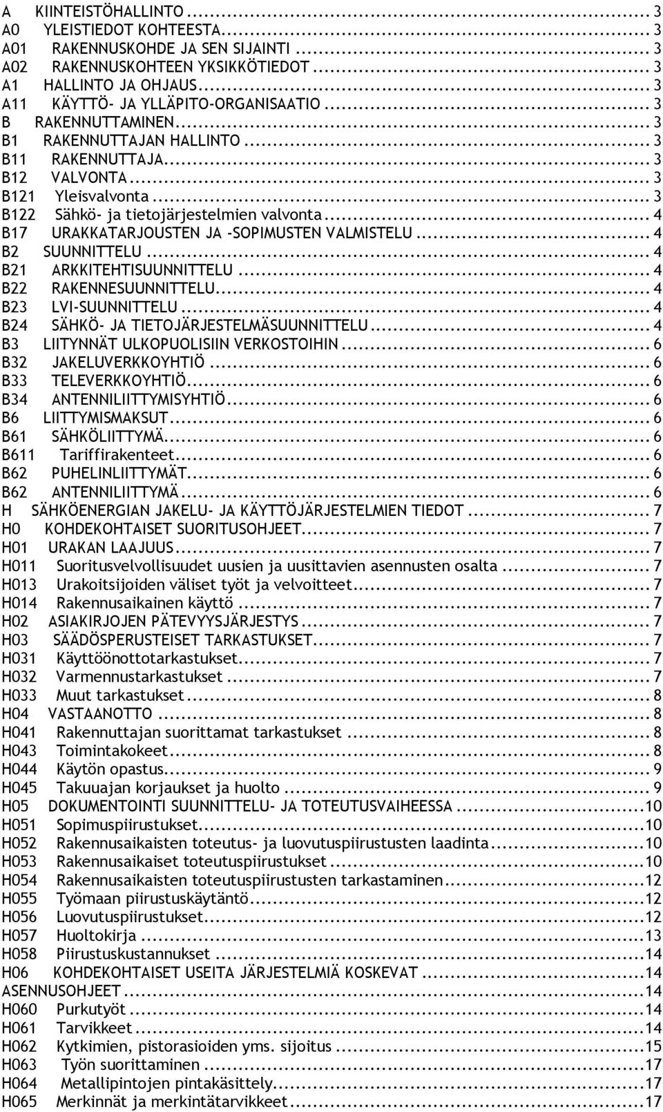 .. 4 B17 URAKKATARJOUSTEN JA -SOPIMUSTEN VALMISTELU... 4 B2 SUUNNITTELU... 4 B21 ARKKITEHTISUUNNITTELU... 4 B22 RAKENNESUUNNITTELU... 4 B23 LVI-SUUNNITTELU.