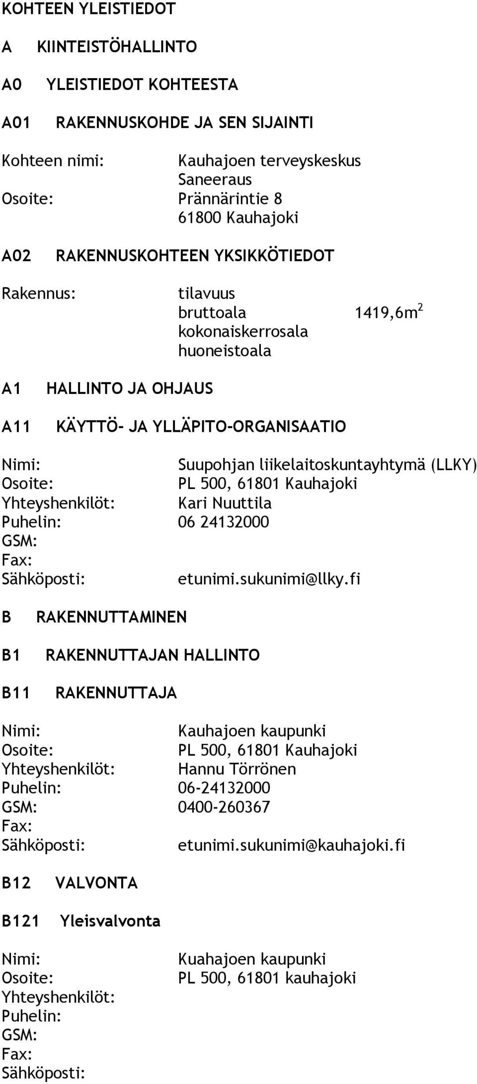 06 24132000 GSM: Fax: Sähköposti: Suupohjan liikelaitoskuntayhtymä (LLKY) PL 500, 61801 Kauhajoki Kari Nuuttila etunimi.sukunimi@llky.