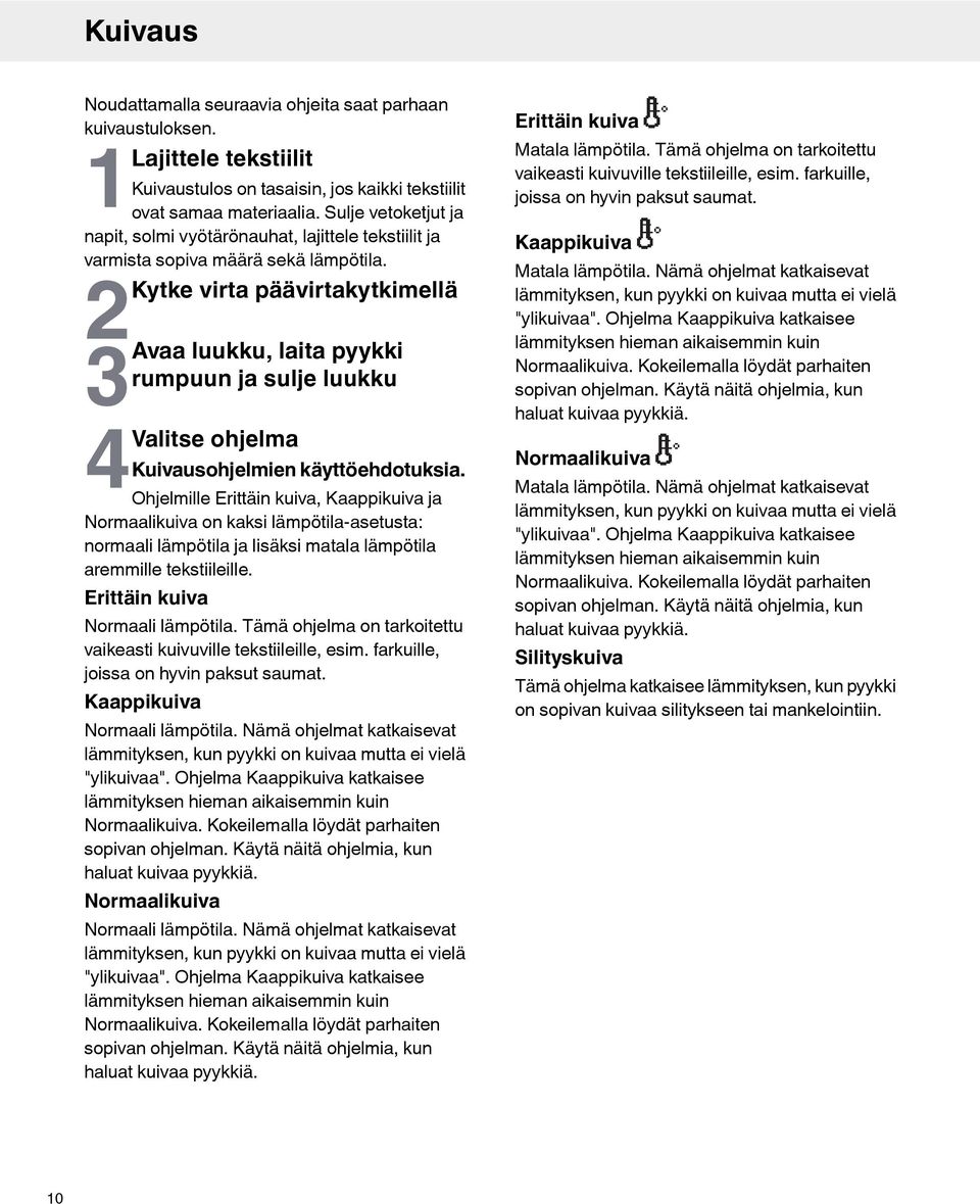 2Kytke virta päävirtakytkimellä 3 Avaa luukku, laita pyykki rumpuun ja sulje luukku 4Valitse ohjelma Kuivausohjelmien käyttöehdotuksia.