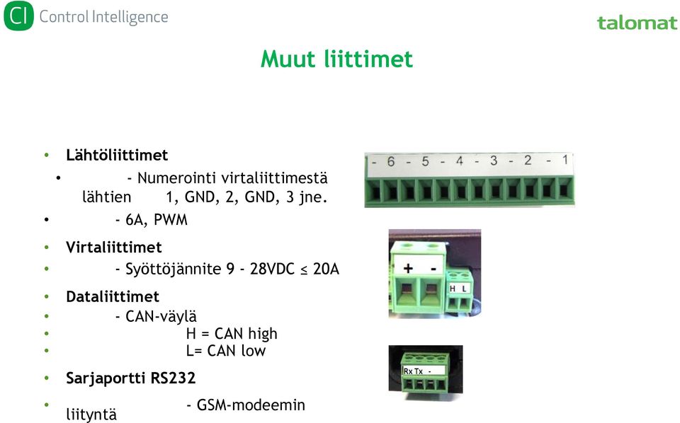 - 6A, PWM Virtaliittimet - Syöttöjännite 9-28VDC 20A