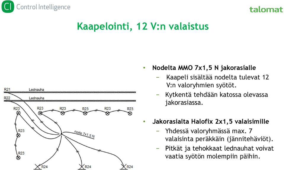 Kytkentä tehdään katossa olevassa jakorasiassa.