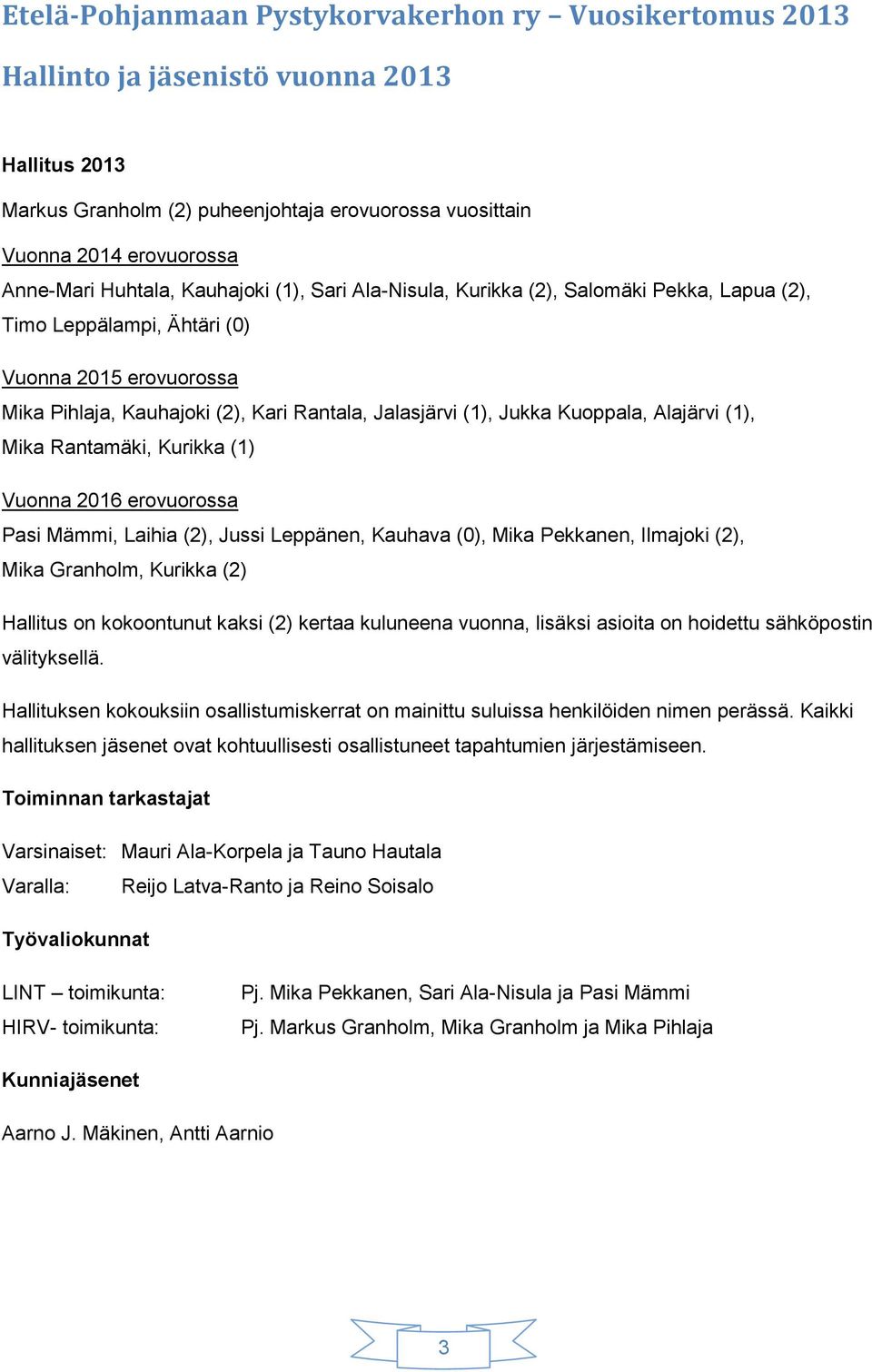 Kuoppala, Alajärvi (1), Mika Rantamäki, Kurikka (1) Vuonna 2016 erovuorossa Pasi Mämmi, Laihia (2), Jussi Leppänen, Kauhava (0), Mika Pekkanen, Ilmajoki (2), Mika Granholm, Kurikka (2) Hallitus on