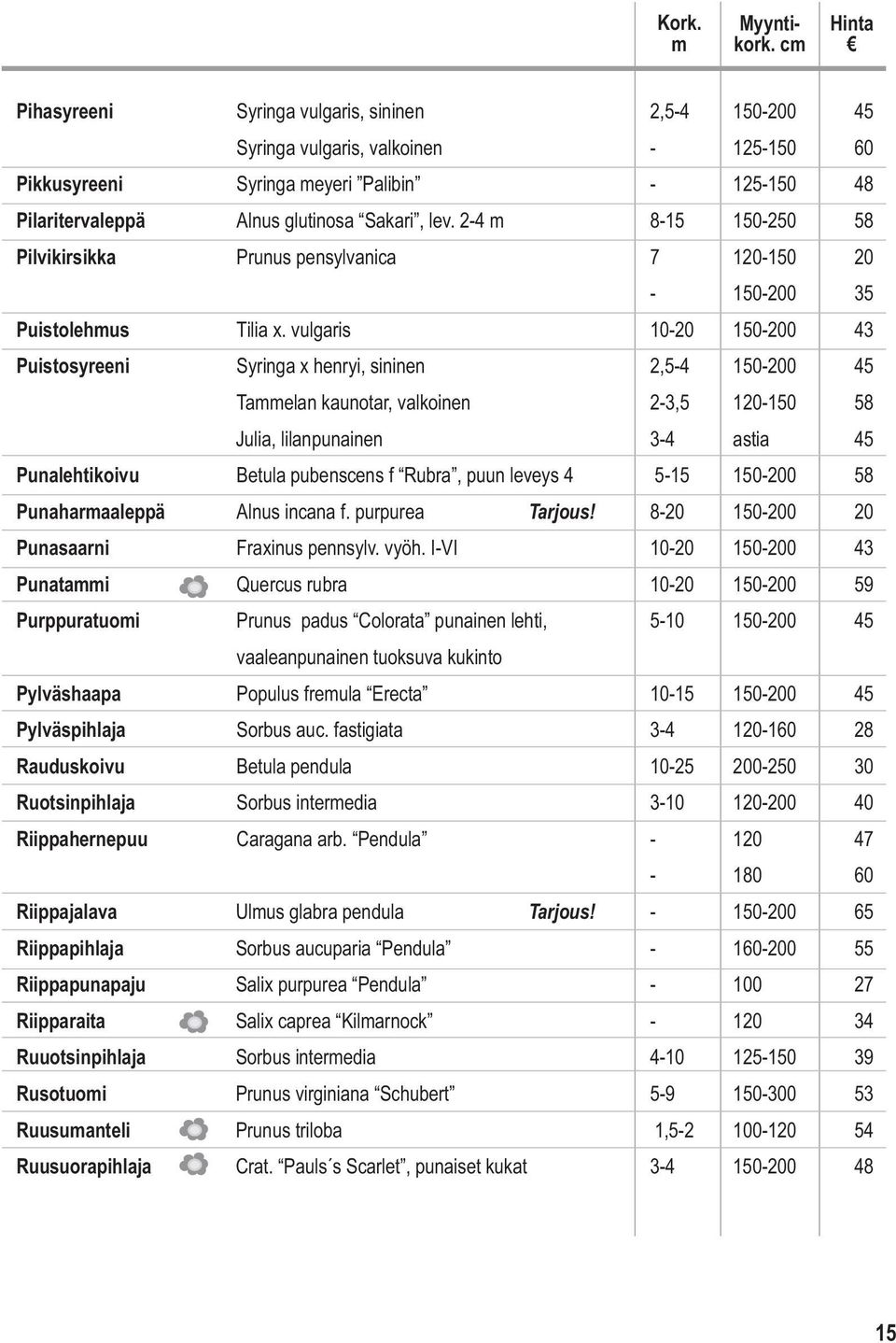 2-4 m 8-15 150-250 58 Pilvikirsikka Prunus pensylvanica 7 120-150 20-150-200 35 Puistolehmus Tilia x.