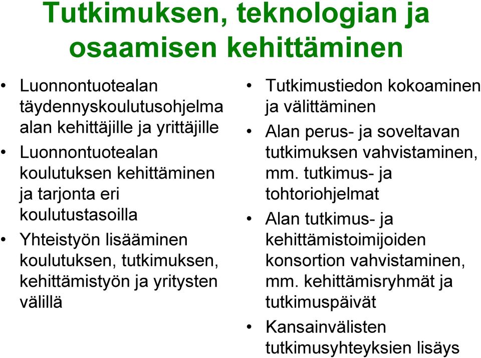 ja yritysten välillä Tutkimustiedon kokoaminen ja välittäminen Alan perus- ja soveltavan tutkimuksen vahvistaminen, mm.