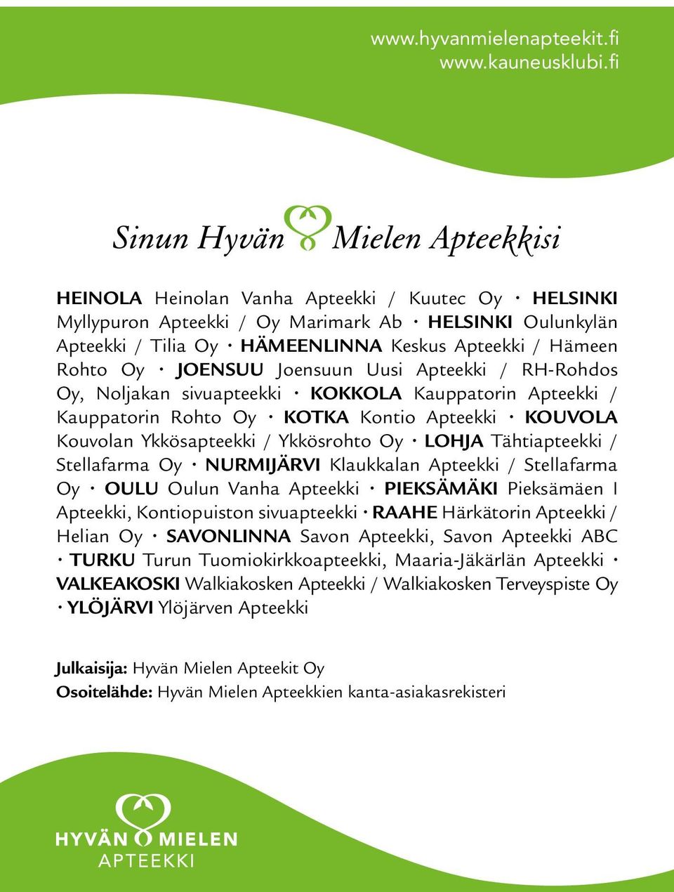 Uusi Apteekki / RH-Rohdos Oy, Noljakan sivuapteekki KOKKOLA Kauppatorin Apteekki / Kauppatorin Rohto Oy KOTKA Kontio Apteekki KOUVOLA Kouvolan Ykkösapteekki / Ykkösrohto Oy LOHJA Tähtiapteekki /