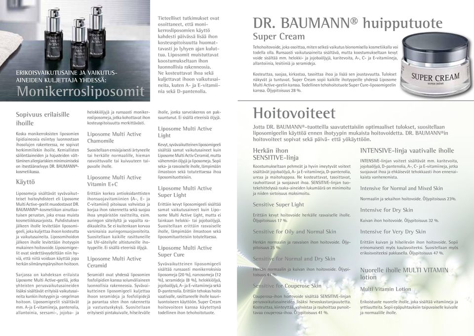 Käyttö Liposomeja sisältävät syvävaikutteiset hoitoyhdisteet eli Liposome Multi Active-geelit muodostavat DR. BAUMANN -kosmetiikan ainutlaatuisen perustan, joka eroaa muista kosmetiikkasarjoista.