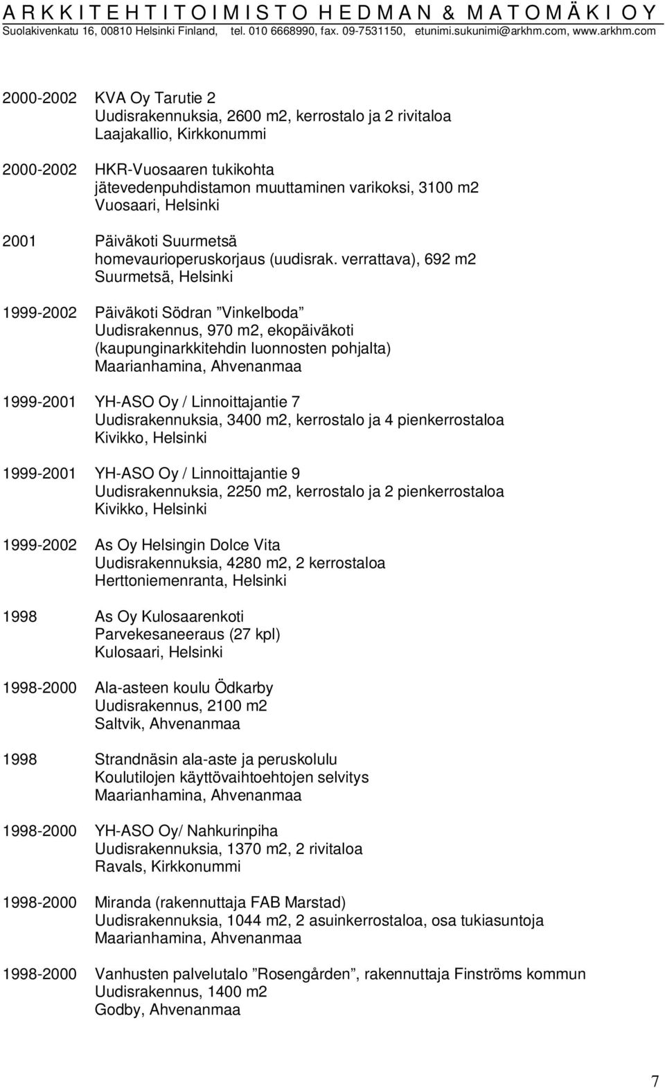 verrattava), 692 m2 Suurmetsä, Helsinki 1999-2002 Päiväkoti Södran Vinkelboda Uudisrakennus, 970 m2, ekopäiväkoti (kaupunginarkkitehdin luonnosten pohjalta) 1999-2001 YH-ASO Oy / Linnoittajantie 7