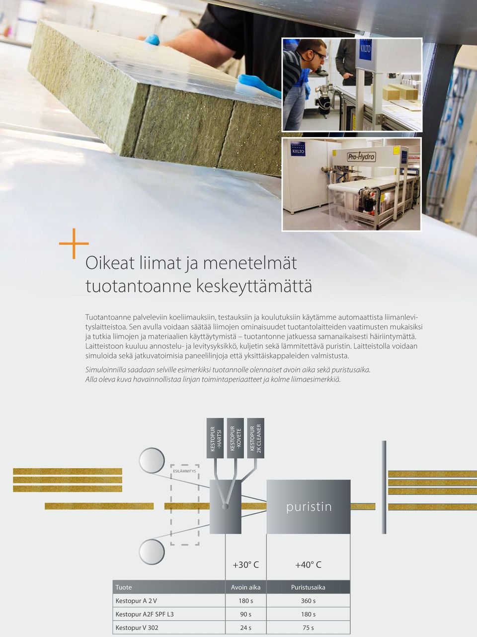 Laitteistoon kuuluu annostelu- ja levitysyksikkö, kuljetin sekä lämmitettävä puristin. Laitteistolla voidaan simuloida sekä jatkuvatoimisia paneelilinjoja että yksittäiskappaleiden valmistusta.
