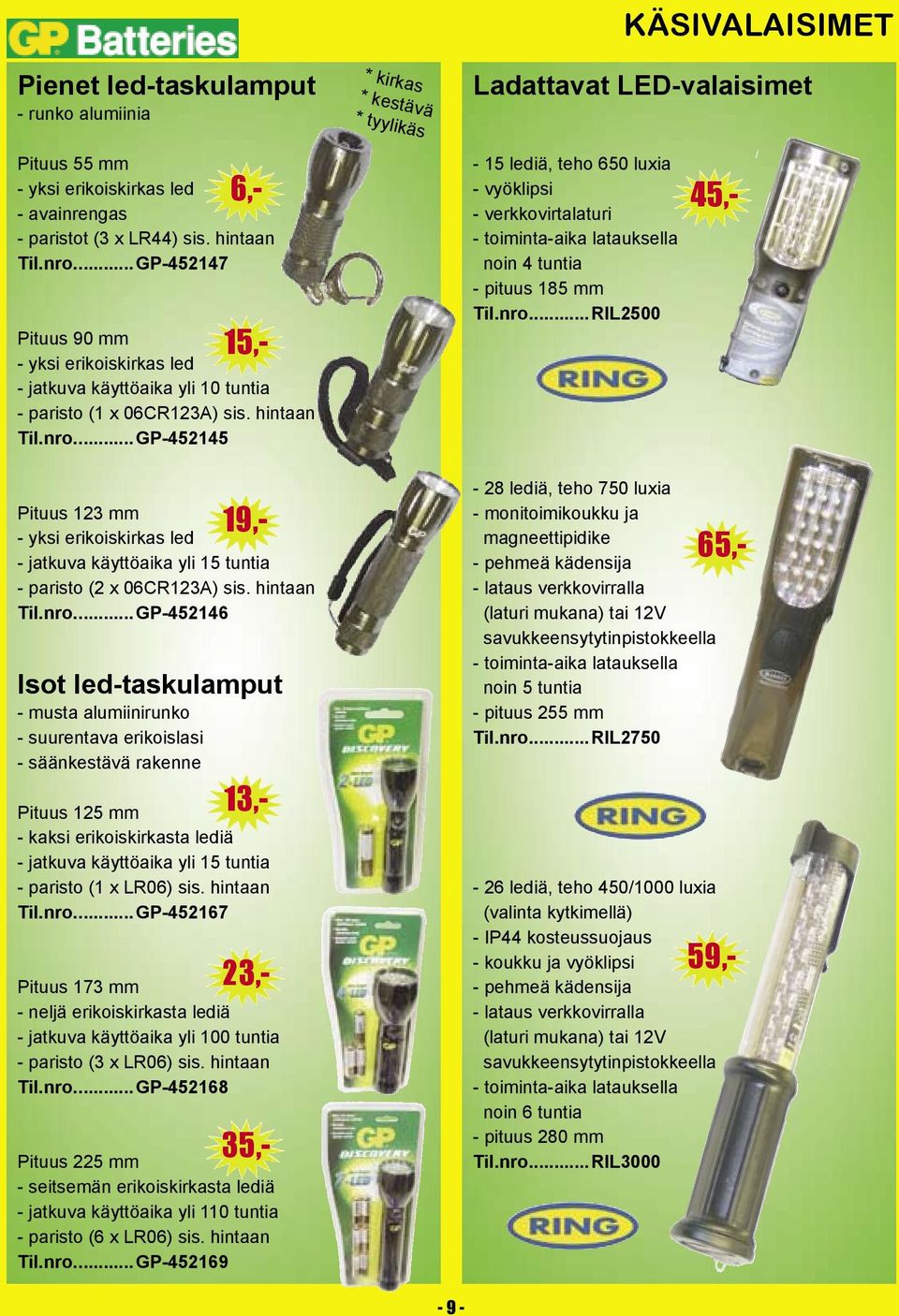..gp-452146 Isot led-taskulamput - musta alumiinirunko - suurentava erikoislasi - säänkestävä rakenne Pituus 125 mm - kaksi erikoiskirkasta lediä - jatkuva käyttöaika yli 15 tuntia - paristo (1 x