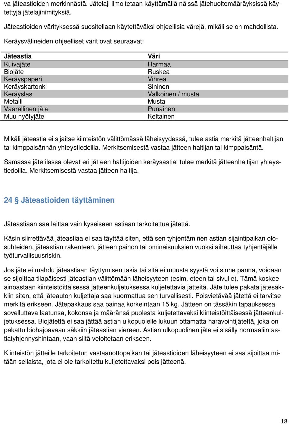 Keräysvälineiden ohjeelliset värit ovat seuraavat: Jäteastia Kuivajäte Biojäte Keräyspaperi Keräyskartonki Keräyslasi Metalli Vaarallinen jäte Muu hyötyjäte Väri Harmaa Ruskea Vihreä Sininen