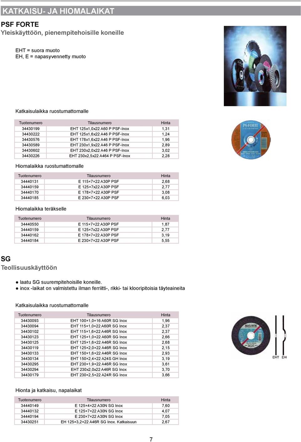 34430226 EHT 230x2,5x22 A464 P PSF-Inox 2,28 Hiomalaikka ruostumattomalle 34440131 E 115 7 22 A30P PSF 2,68 34440159 E 125 7x22 A30P PSF 2,77 34440170 E 178 7 22 A30P PSF 3,08 34440185 E 230 7 22