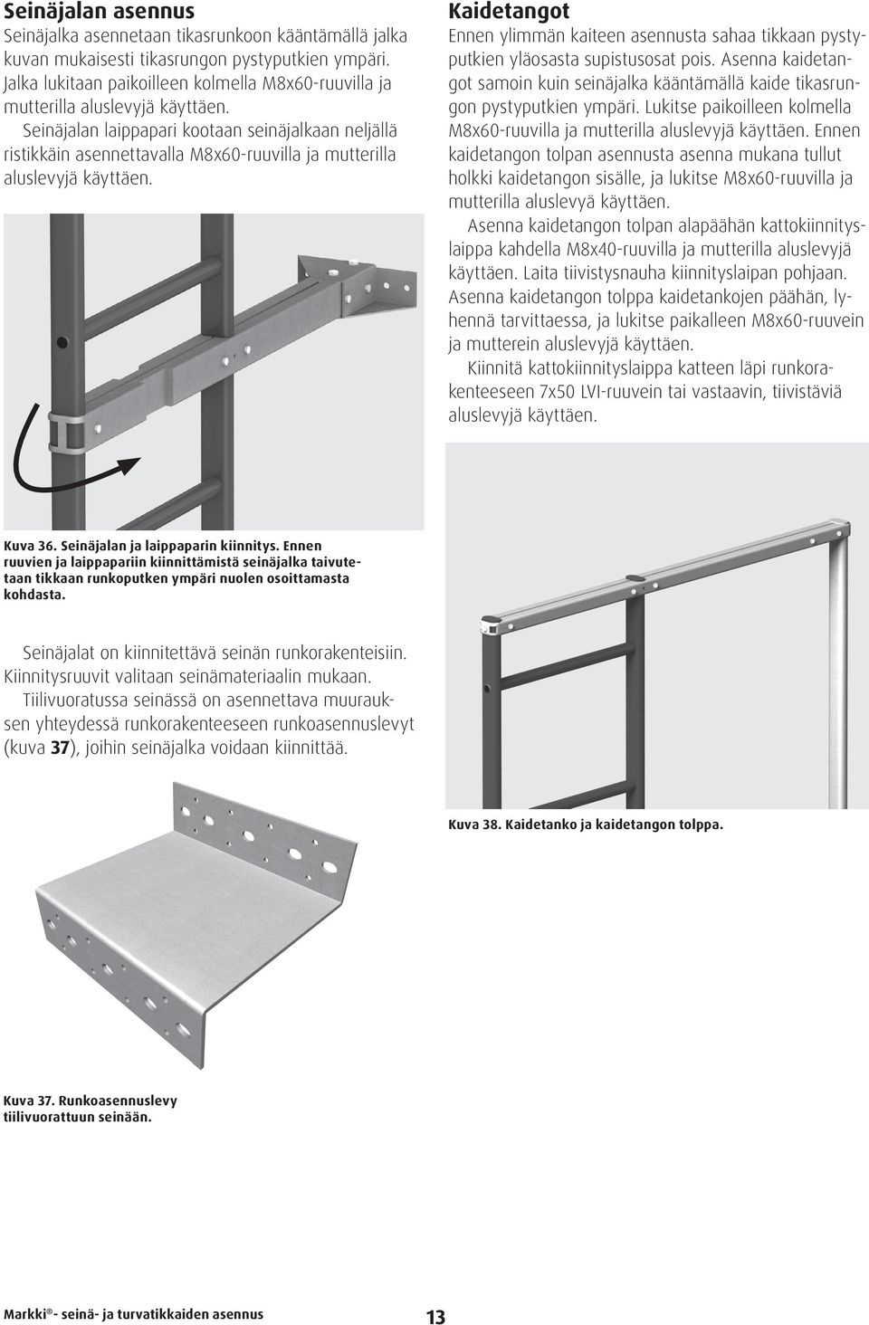 Seinäjalan laippapari kootaan seinäjalkaan neljällä ristikkäin asennettavalla M8x60-ruuvilla ja mutterilla aluslevyjä käyttäen.