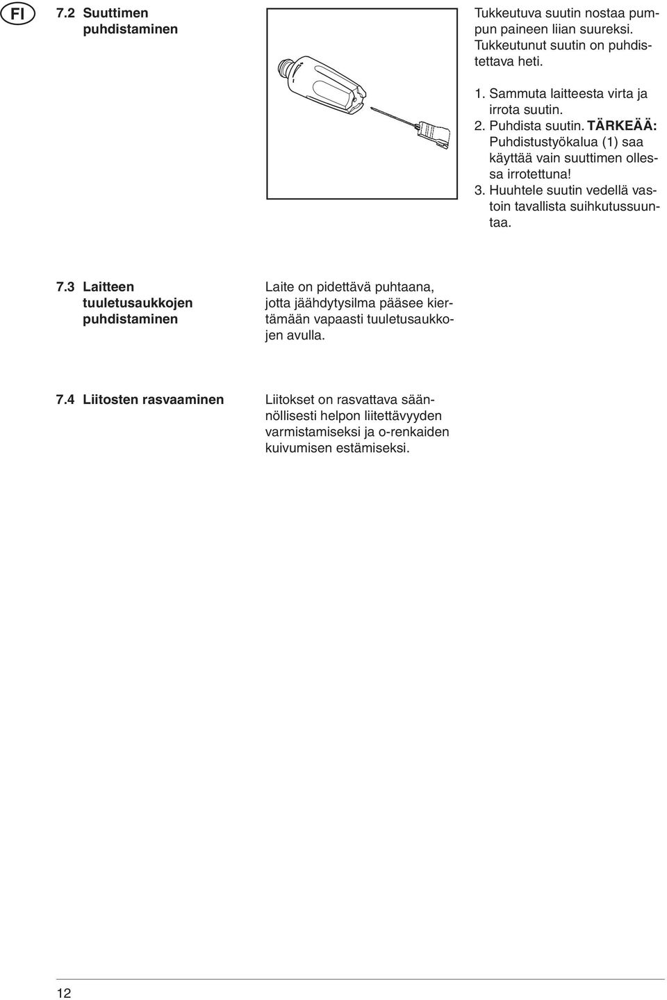 Huuhtele suutin vedellä vastoin tavallista suihkutussuuntaa. 7.