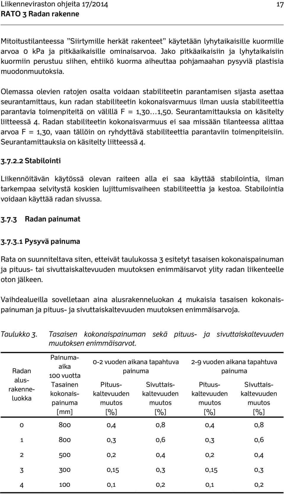 Olemassa olevien ratojen osalta voidaan stabiliteetin parantamisen sijasta asettaa seurantamittaus, kun radan stabiliteetin kokonaisvarmuus ilman uusia stabiliteettia parantavia toimenpiteitä on