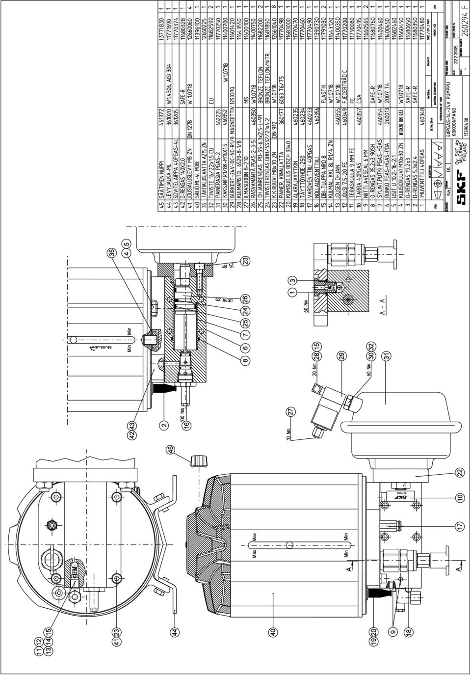 .2.2005 SCALE DRAWING NUMBER CODE / QTY / PART SHEET/SHEETS 260294 F 11 12 13 14 15 41 23 MultiLube 35 42 43 Min Min 4 5 44 45 2 100 Nm 16 45 43 42 41 S TIMEN NUPPI SOVITELAIPPA 40PGAS-4L 461372