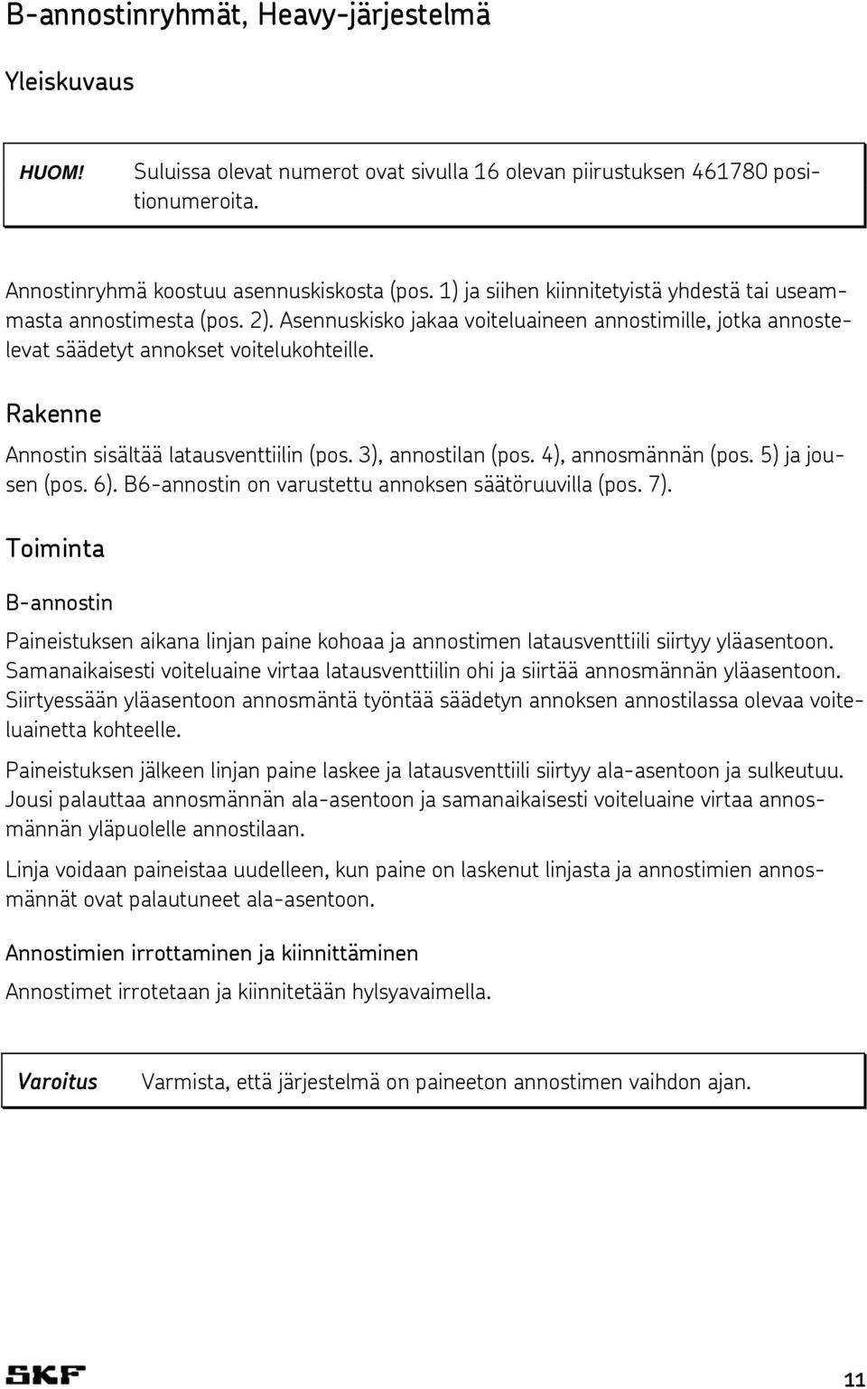 Rakenne Annostin sisältää latausventtiilin (pos. 3), annostilan (pos. 4), annosmännän (pos. 5) ja jousen (pos. 6). B6-annostin on varustettu annoksen säätöruuvilla (pos. 7).