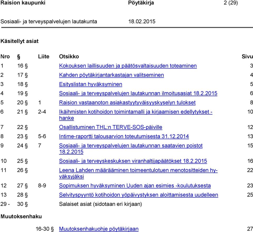 2015 6 5 20 1 Raision vastaanoton asiakastyytyväisyyskyselyn tulokset 8 6 21 2-4 Ikäihmisten kotihoidon toimintamalli ja kirjaamisen edellytykset - hanke 7 22 Osallistuminen THL:n TERVE-SOS-päiville