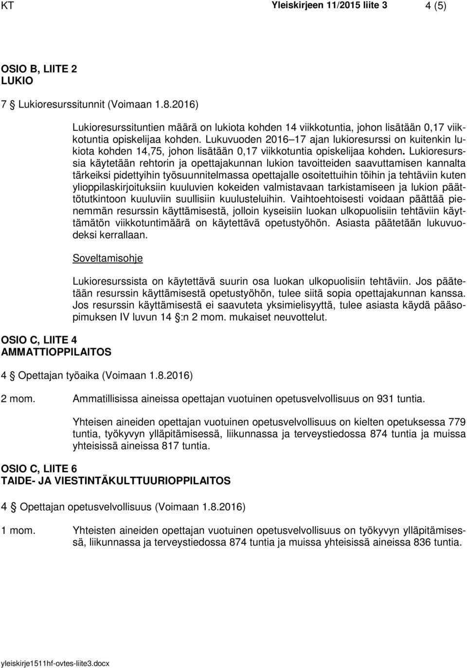 Lukuvuoden 2016 17 ajan lukioresurssi on kuitenkin lukiota kohden 14,75, johon lisätään 0,17 viikkotuntia opiskelijaa kohden.