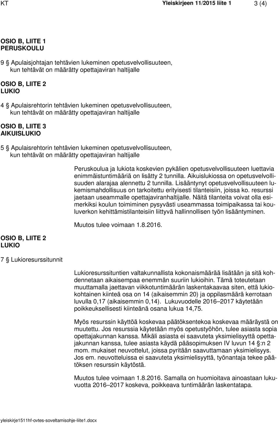 kun tehtävät on määrätty opettajaviran haltijalle OSIO B, LIITE 2 LUKIO 7 Lukioresurssitunnit Peruskoulua ja lukiota koskevien pykälien opetusvelvollisuuteen luettavia enimmäistuntimääriä on lisätty