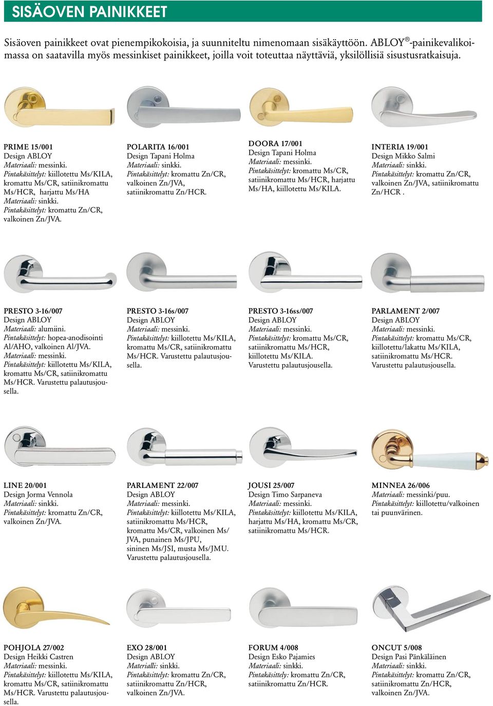 PRIME 15/001 Ms/HCR, harjattu Ms/HA POLARITA 16/001 Design Tapani Holma valkoinen Zn/JVA, satiinikromattu Zn/HCR. DOORA 17/001 Design Tapani Holma harjattu Ms/HA, kiillotettu Ms/KILA.