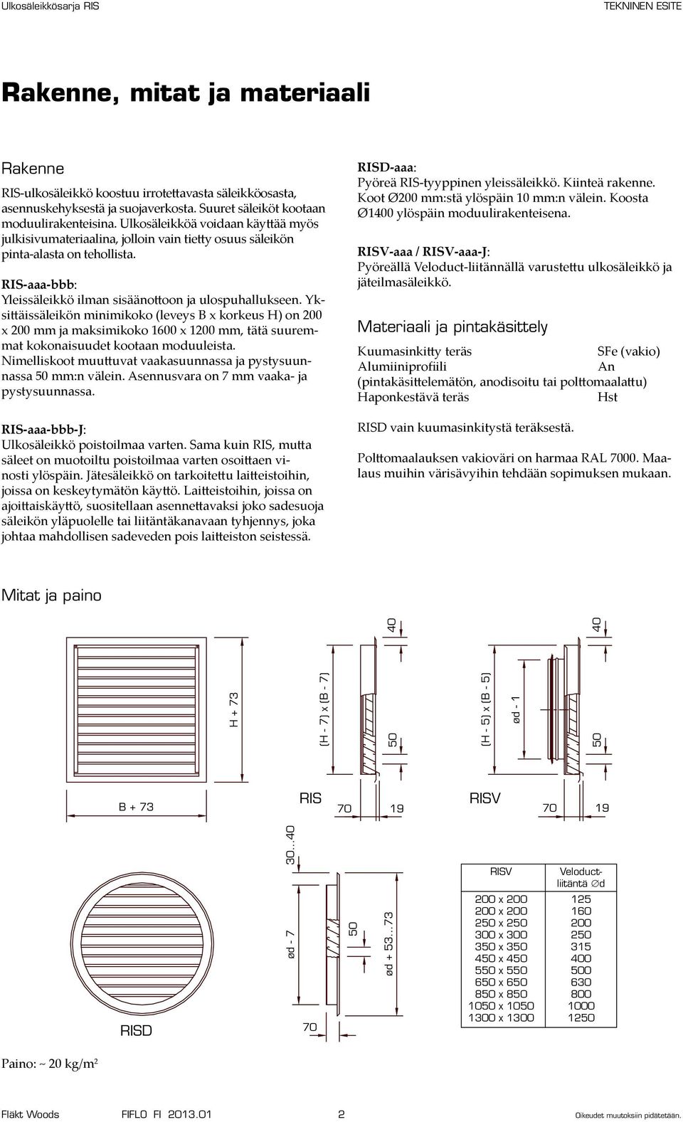 Yksittäissäleikön minimikoko (leveys B x korkeus H) on 200 x 200 mm ja maksimikoko 1600 x 1200 mm, tätä suuremmat kokonaisuudet kootaan moduuleista.