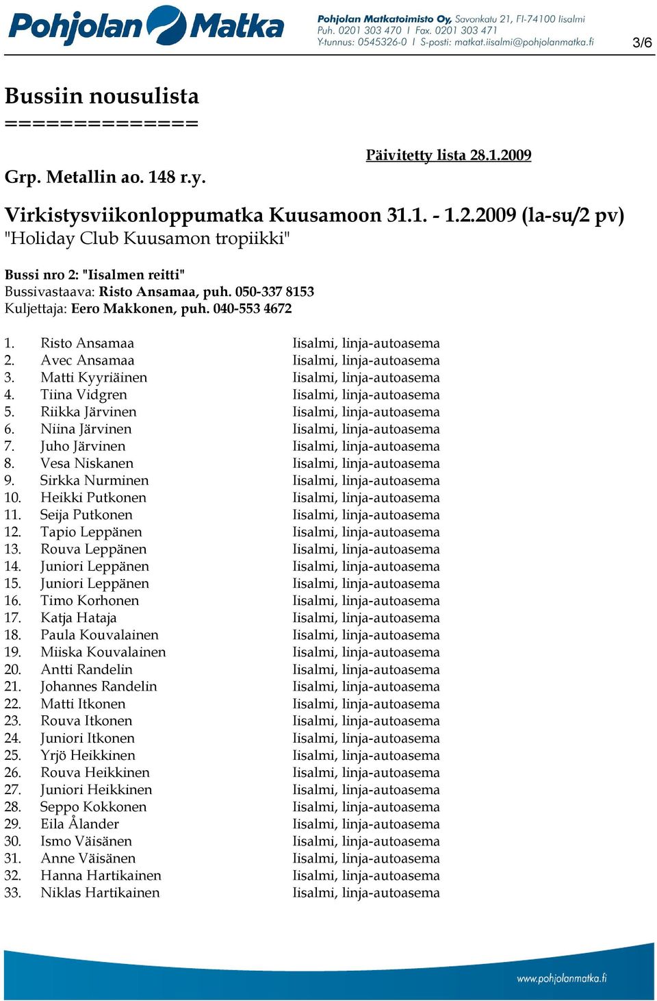 050-337 8153 Kuljettaja: Eero Makkonen, puh. 040-553 4672 1. Risto Ansamaa Iisalmi, linja-autoasema 2. Avec Ansamaa Iisalmi, linja-autoasema 3. Matti Kyyriäinen Iisalmi, linja-autoasema 4.