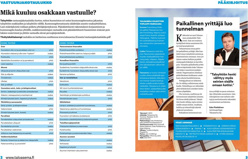 Pääsääntöisesti rakennuksen korjaaminen ja kunnossapito kuuluu lle, osakkeenomistajan vastuulla ovat pääsääntöisesti huoneiston sisäosat pois lukien vesieristeet ja n vastuulla olevat