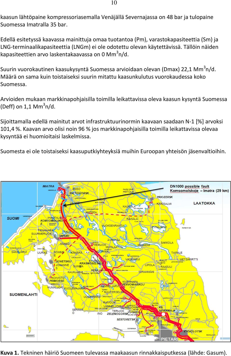 Tällöin näiden kapasiteettien arvo laskentakaavassa on 0 Mm 3 n/d. Suurin vuorokautinen kaasukysyntä Suomessa arvioidaan olevan (Dmax) 22,1 Mm 3 n/d.