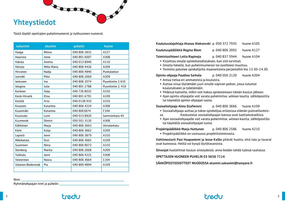 Punkalaidun Isomäki Päivi 040 806 2669 A209 Jantunen Ina 040 806 2074 Pyynikintie 2,410 Jelagina Julia 040 801 2788 Pyynikintie 2, 410 Keränen Seija 040 726 8032 A310 Keski-Hirvelä Elisa 040 801 6791