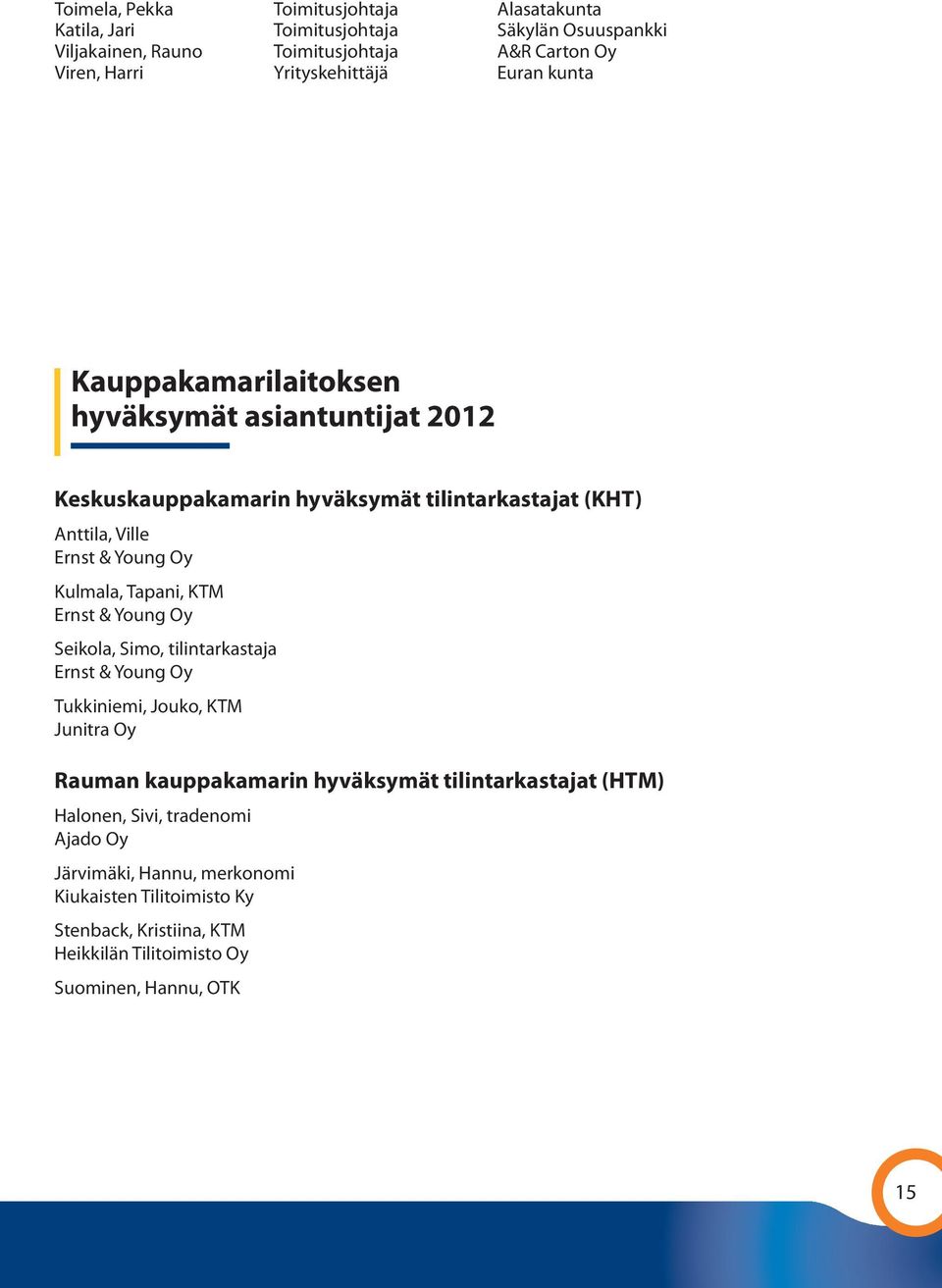 Oy Kulmala, Tapani, KTM Ernst & Young Oy Seikola, Simo, tilintarkastaja Ernst & Young Oy Tukkiniemi, Jouko, KTM Junitra Oy Rauman kauppakamarin hyväksymät