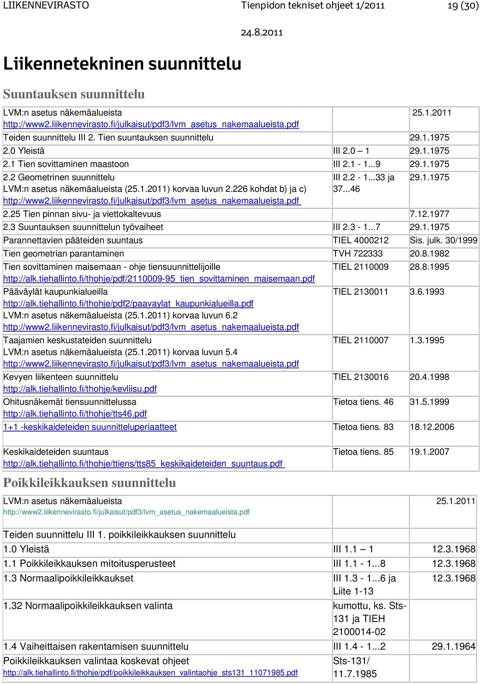 ..9 29.1.1975 2.2 Geometrinen suunnittelu LVM:n asetus näkemäalueista (25.1.2011) korvaa luvun 2.226 kohdat b) ja c) http://www2.liikennevirasto.fi/julkaisut/pdf3/lvm_asetus_nakemaalueista.pdf III 2.